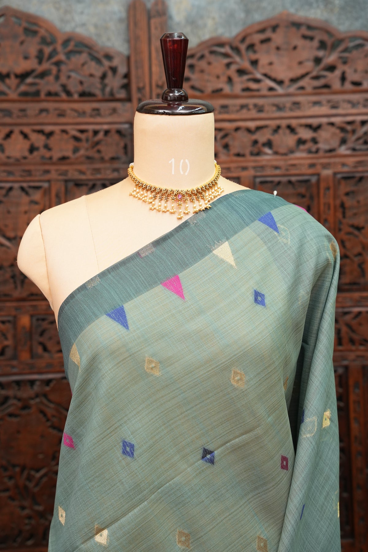 Khaddi Cotton Saree – Sage Green with Multicolour Woven Motifs & Floral Pallu