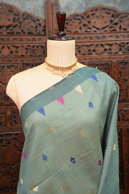 Khaddi Cotton Saree – Sage Green with Multicolour Woven Motifs & Floral Pallu