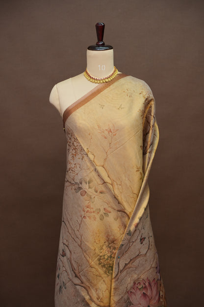 Digital Printed Tissue Raw Silk Saree with Enchanted Lotus Garden
