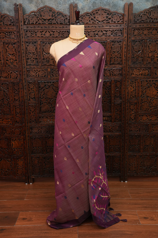 Khaddi Cotton Saree – Wine Purple with Multicolour Woven Motifs & Floral Pallu