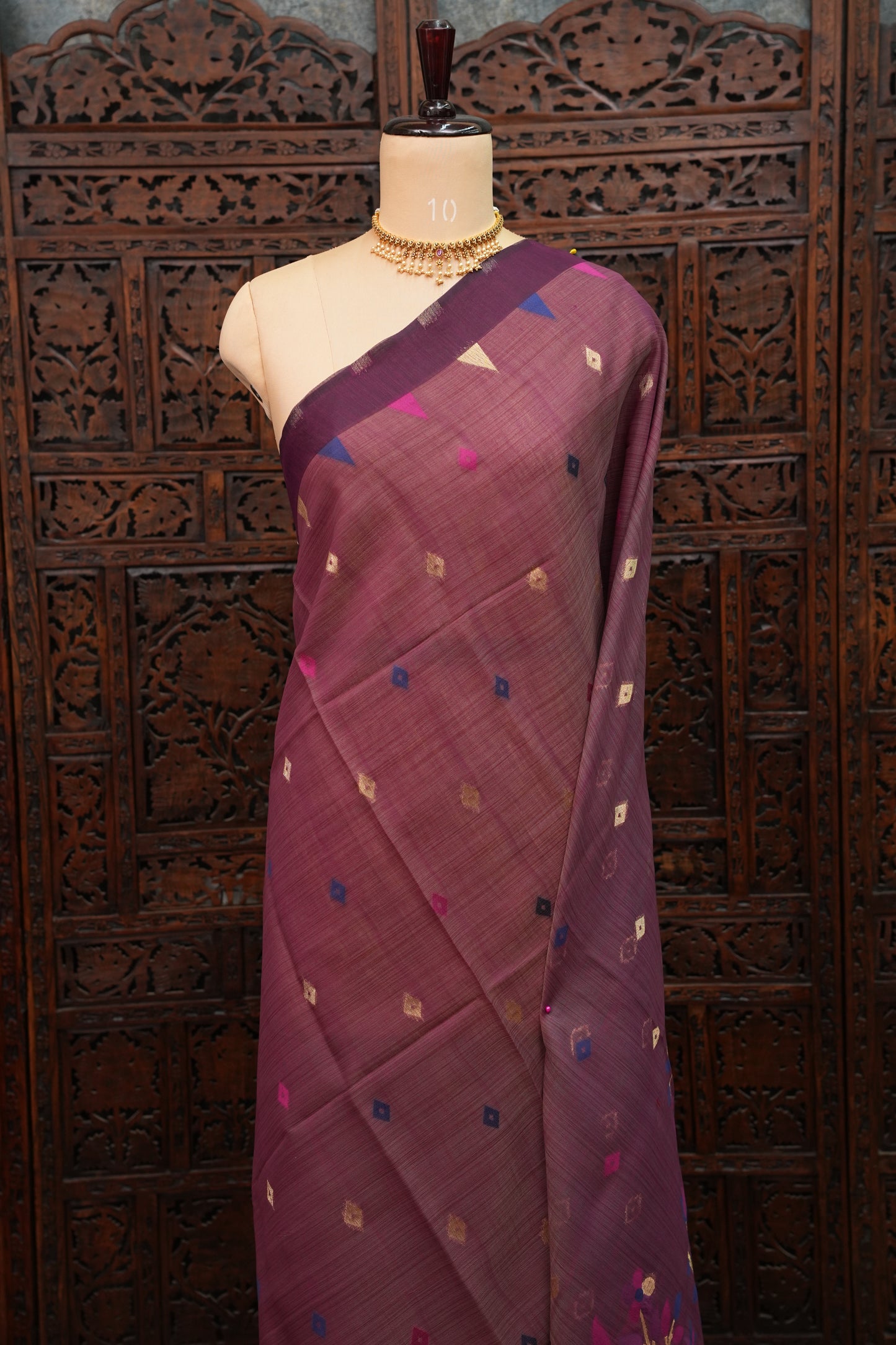 Khaddi Cotton Saree – Wine Purple with Multicolour Woven Motifs & Floral Pallu