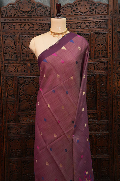 Khaddi Cotton Saree – Wine Purple with Multicolour Woven Motifs & Floral Pallu