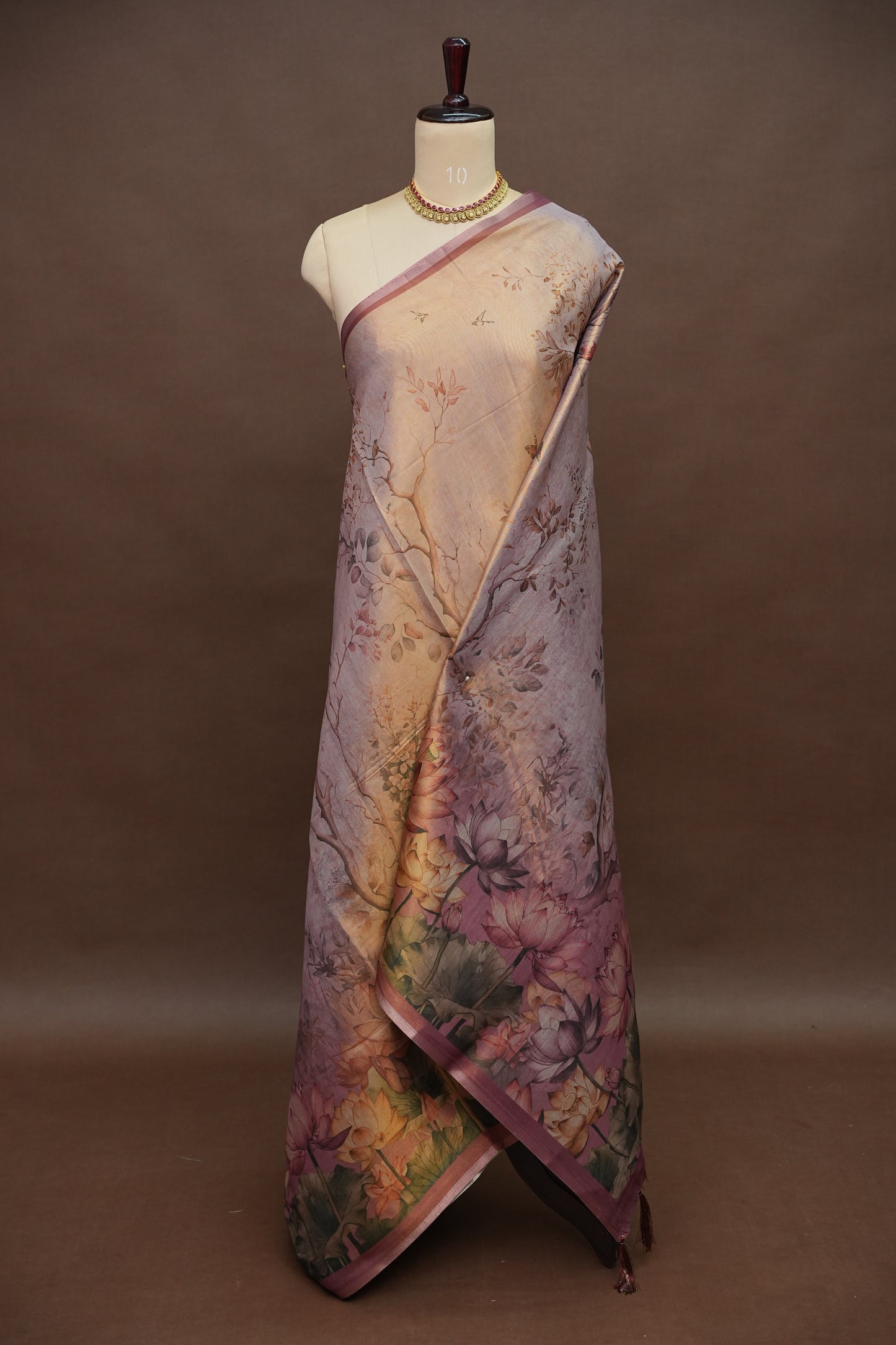 Digital Printed Tissue Raw Silk Saree with Lotus Bloom Landscape