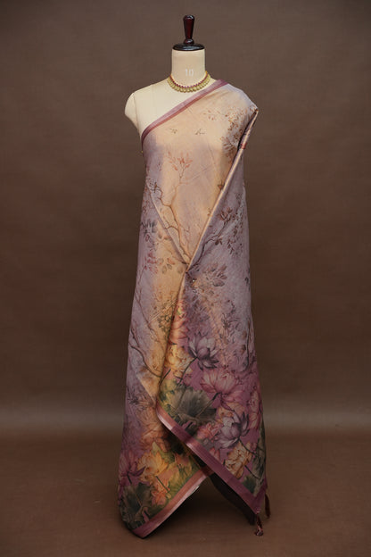Digital Printed Tissue Raw Silk Saree with Lotus Bloom Landscape