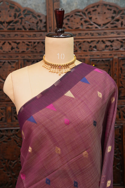 Khaddi Cotton Saree – Wine Purple with Multicolour Woven Motifs & Floral Pallu