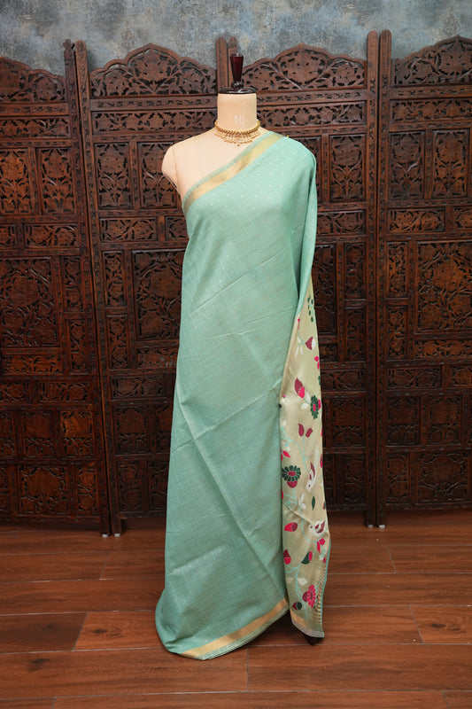 Khaddi Cotton Saree with Paithani-Inspired Border – Aqua Blue