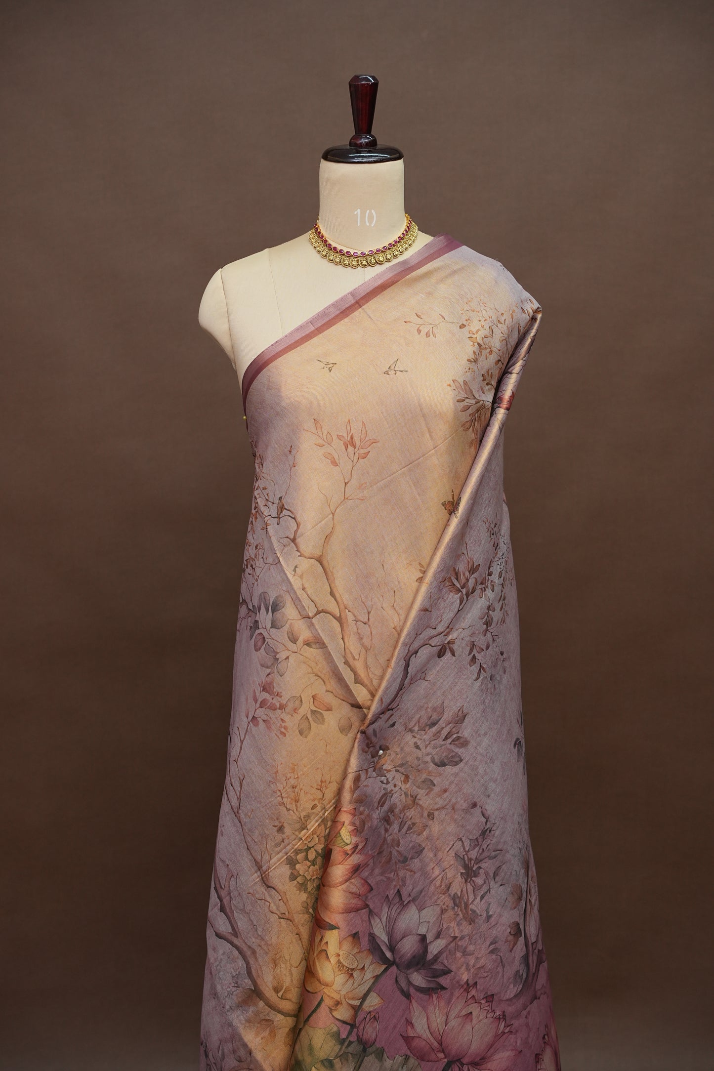 Digital Printed Tissue Raw Silk Saree with Lotus Bloom Landscape