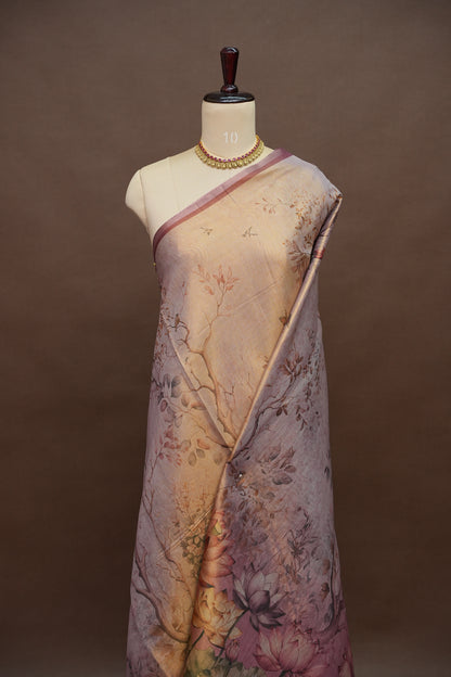 Digital Printed Tissue Raw Silk Saree with Lotus Bloom Landscape
