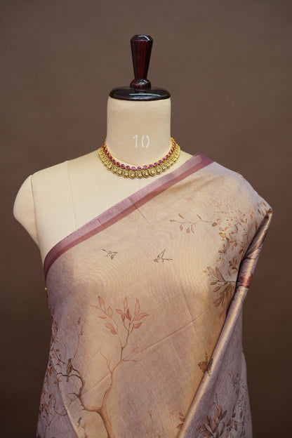 Digital Printed Tissue Raw Silk Saree with Lotus Bloom Landscape