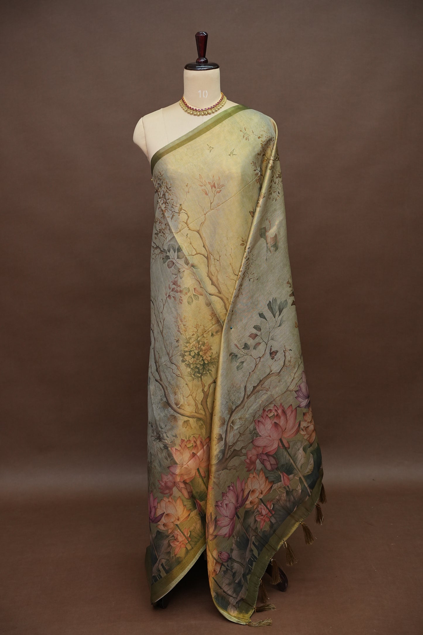 Digital Printed Tissue Raw Silk Saree with Lotus Garden Landscape