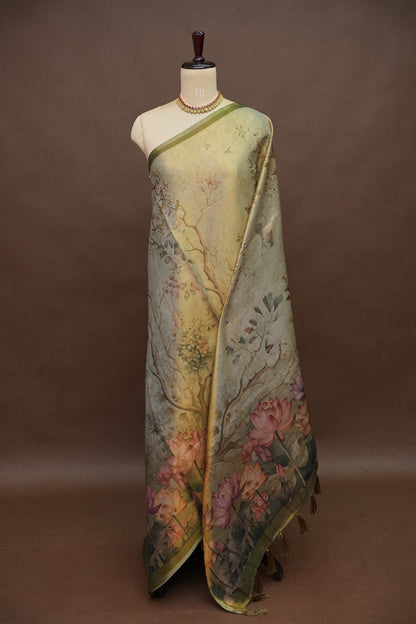 Digital Printed Tissue Raw Silk Saree with Lotus Garden Landscape