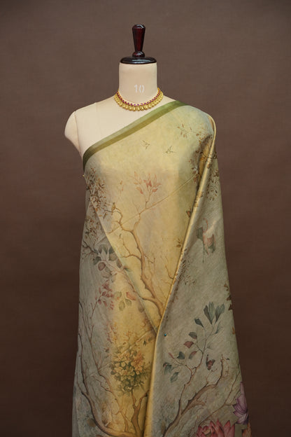 Digital Printed Tissue Raw Silk Saree with Lotus Garden Landscape