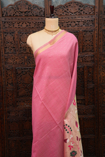 Khaddi Cotton Saree with Paithani-Inspired Border – Pink