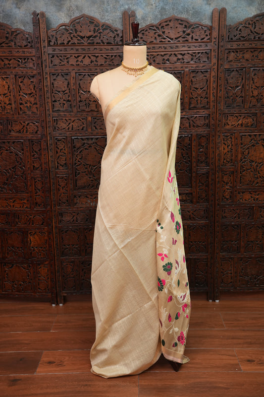 Khaddi Cotton Saree with Paithani-Inspired Border – Ivory