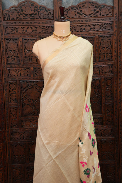 Khaddi Cotton Saree with Paithani-Inspired Border – Ivory
