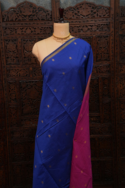 Semi Maheshwari Silk Cotton Saree with thin Gold Zari Buttas