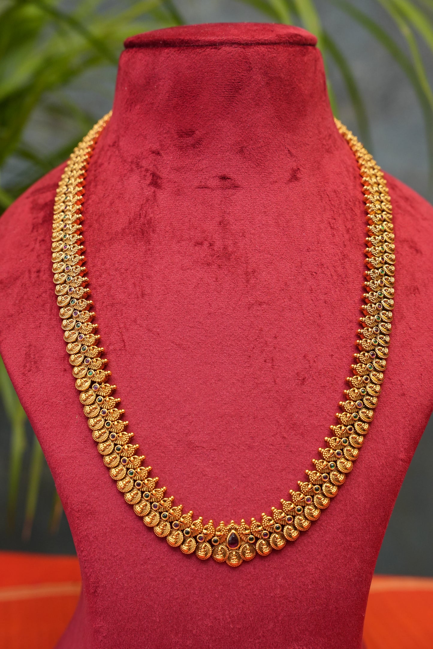 Antique Gold Plated Lakshmi Kaasu Maala Necklace Set with Jhumkas