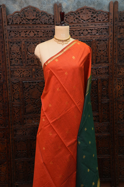 Semi Maheshwari Silk Cotton Saree with thin Gold Zari Buttas