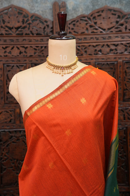 Semi Maheshwari Silk Cotton Saree with thin Gold Zari Buttas
