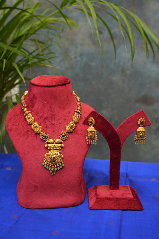 Antique Temple Jewellery Necklace Set with Statement Pendant & Jhumkas