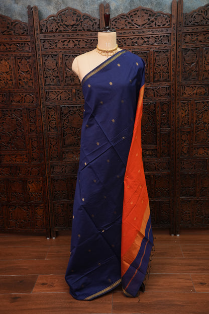 Semi Maheshwari Silk Cotton Saree with thin Gold Zari Buttas