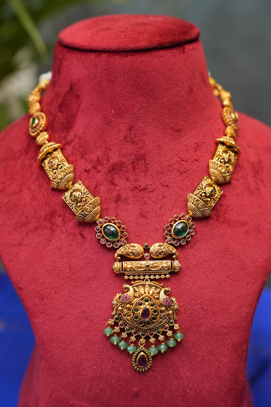 Antique Temple Jewellery Necklace Set with Statement Pendant & Jhumkas