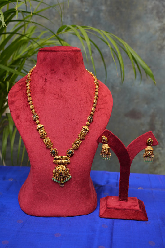 Antique Temple Jewellery Long Haaram with Statement Pendant & Jhumkas