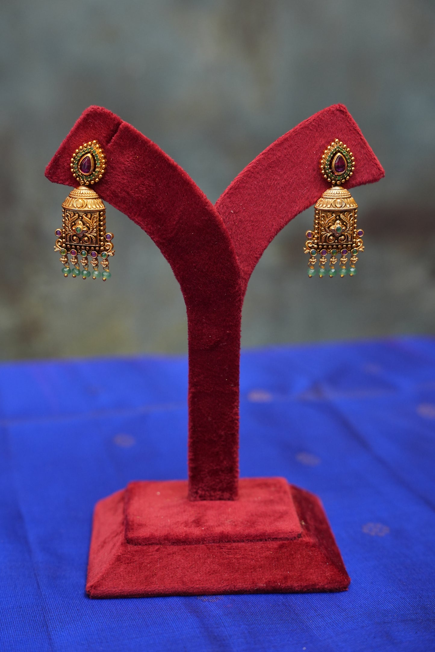 Antique Temple Jewellery Long Haaram with Statement Pendant & Jhumkas