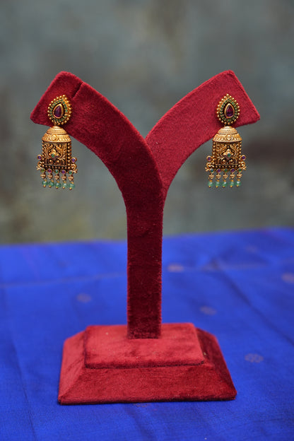 Antique Temple Jewellery Long Haaram with Statement Pendant & Jhumkas