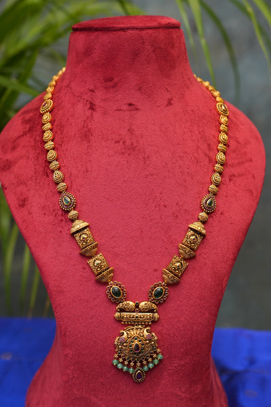 Antique Temple Jewellery Long Haaram with Statement Pendant & Jhumkas