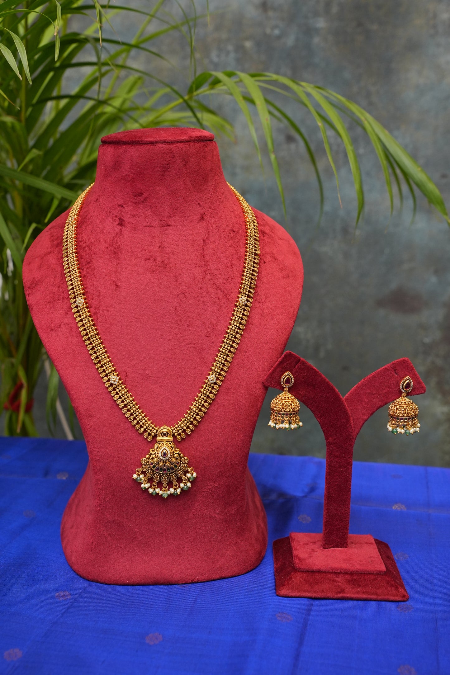 Sleek Statement Antique Long Haaram Set with Pearl & Green Bead Detailing
