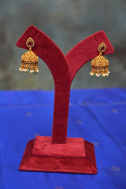 Sleek Statement Antique Long Haaram Set with Pearl & Green Bead Detailing
