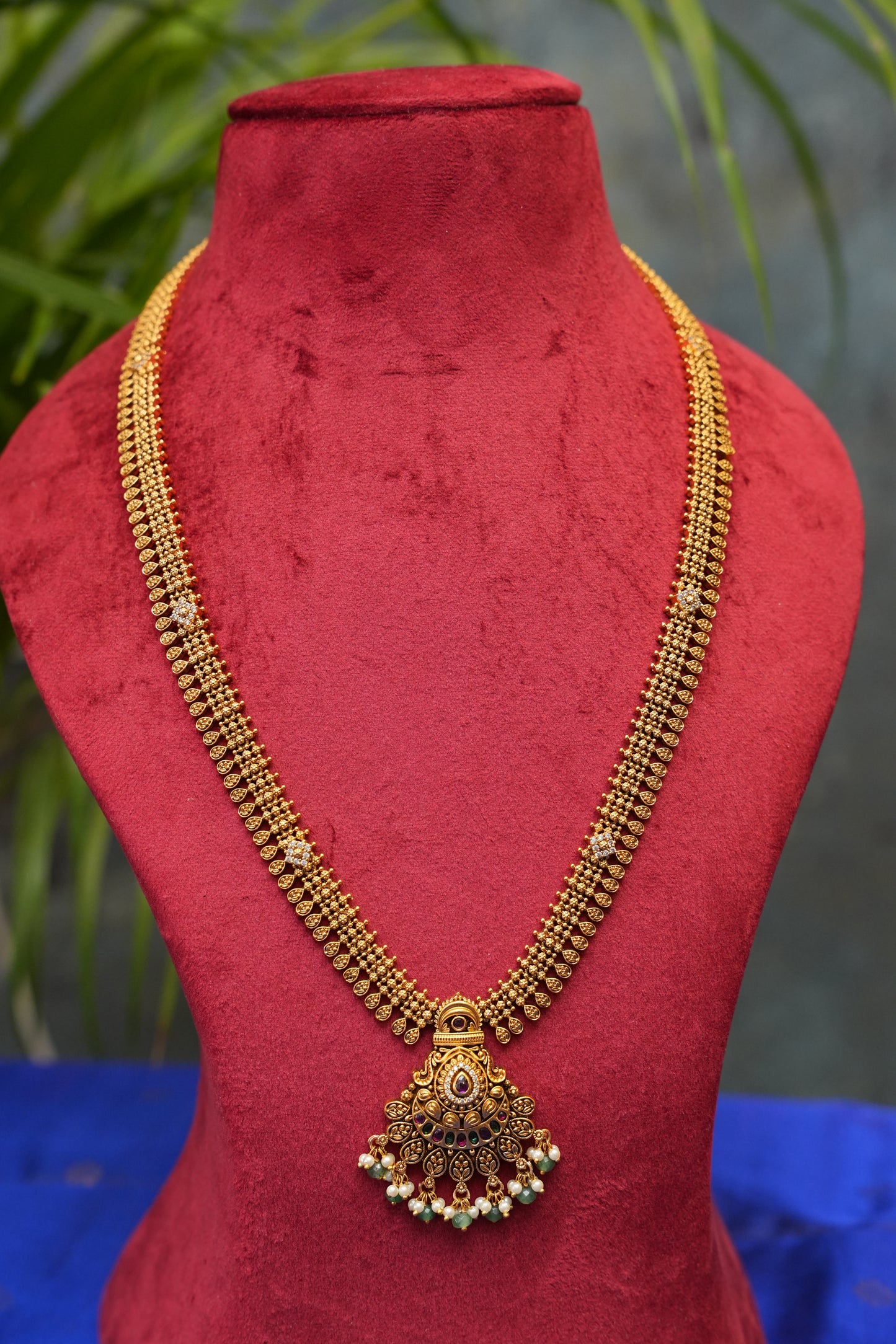 Sleek Statement Antique Long Haaram Set with Pearl & Green Bead Detailing