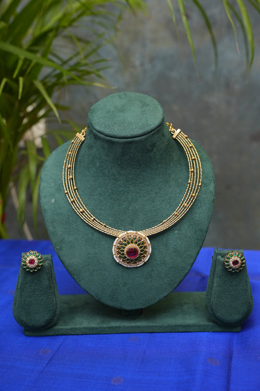 Antique Gold Plated Statement Choker Necklace Set with Floral Pendant