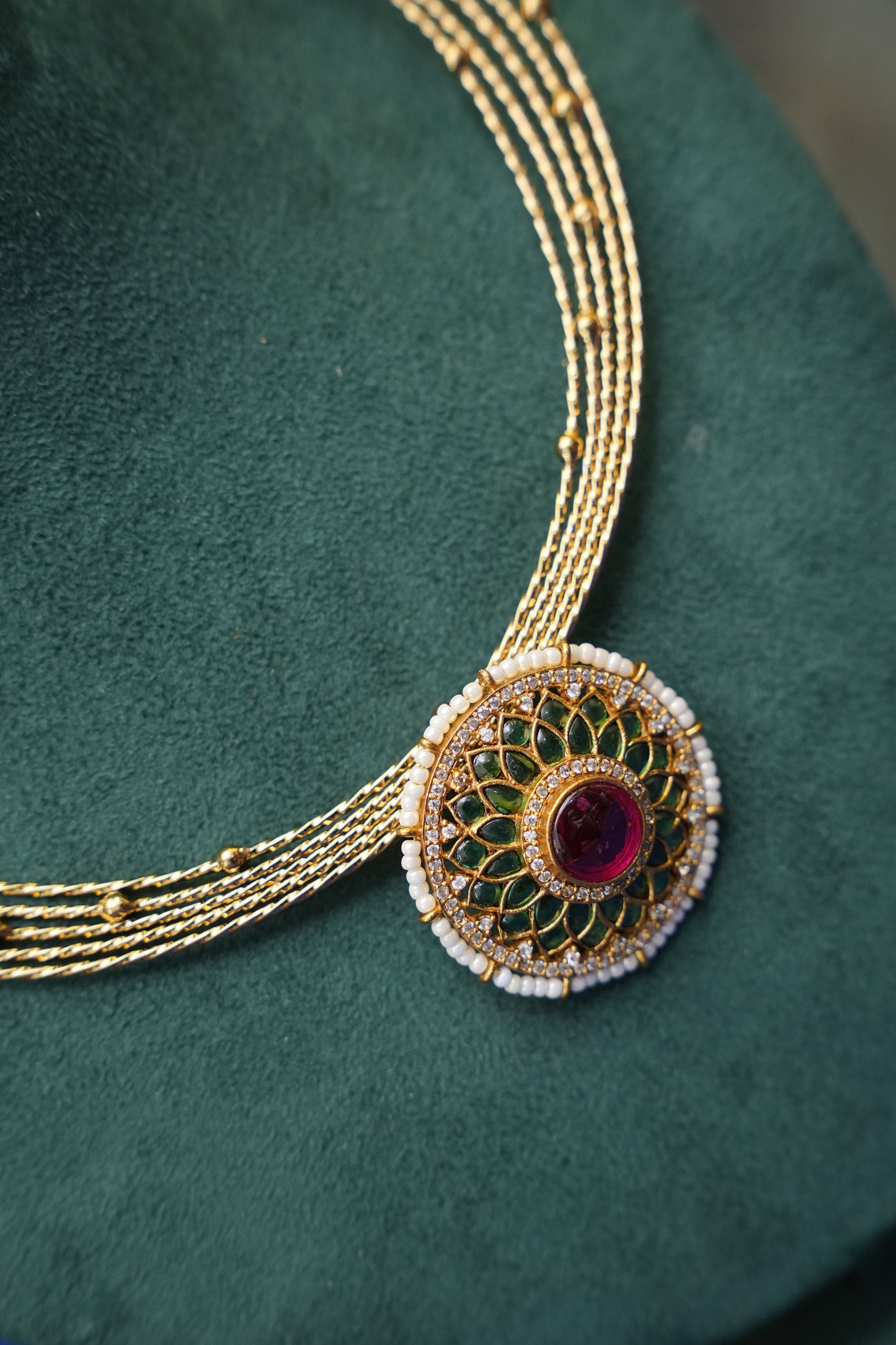 Antique Gold Plated Statement Choker Necklace Set with Floral Pendant