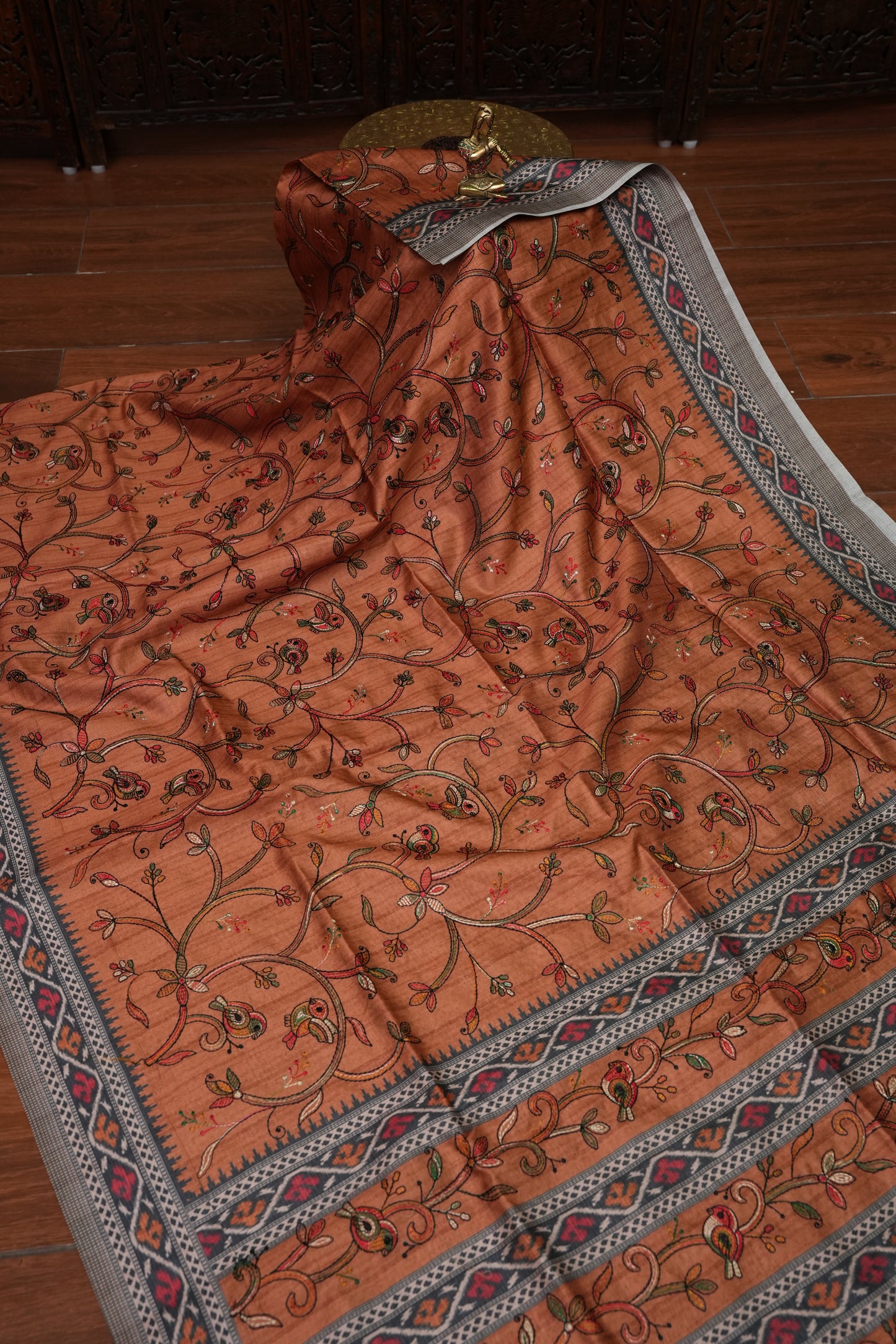 Semi Raw Silk Saree with Embroidered Body & Patola Styled Borders – Rust Orange