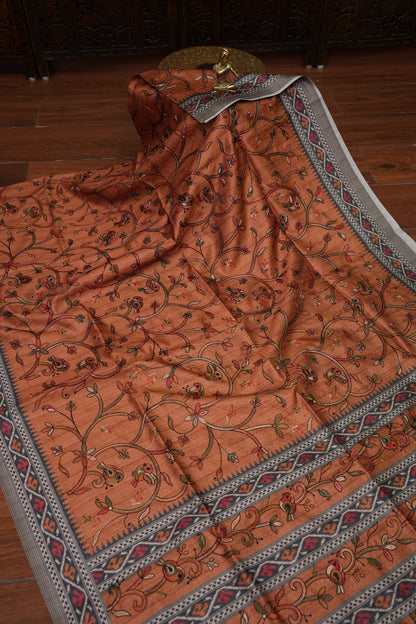 Semi Raw Silk Saree with Embroidered Body & Patola Styled Borders – Rust Orange