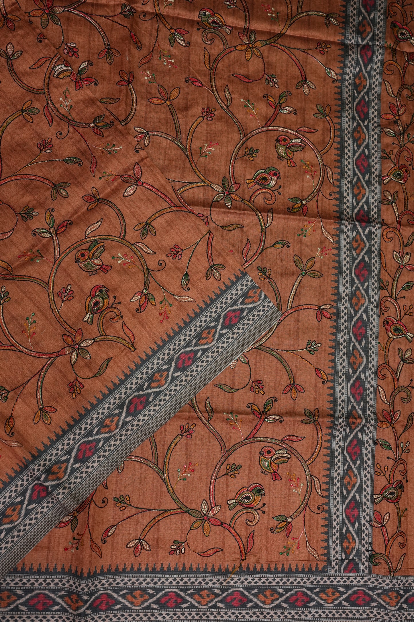 Semi Raw Silk Saree with Embroidered Body & Patola Styled Borders – Rust Orange