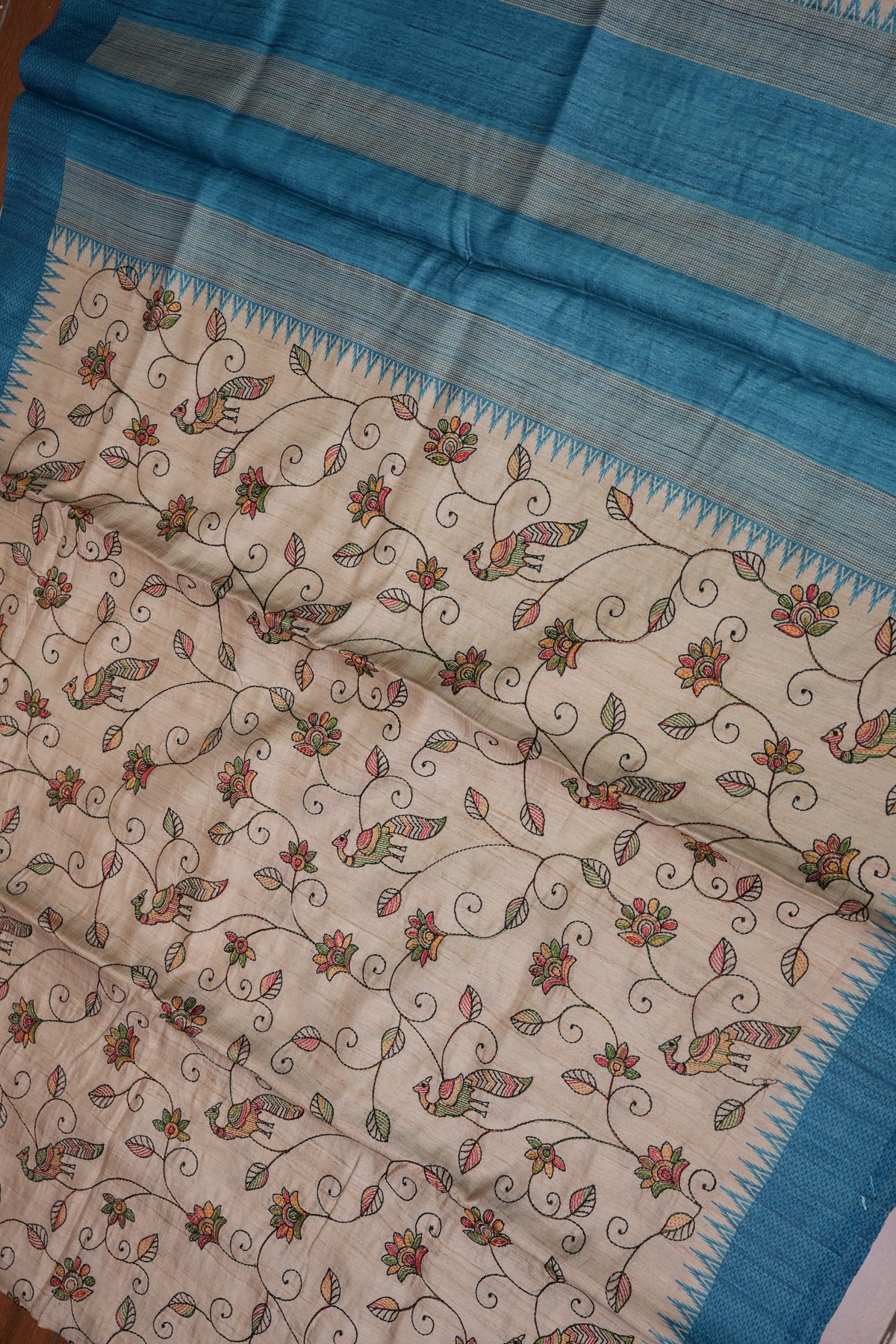 Semi Raw Silk Saree with Embroidered Body & Temple Borders – Beige & Teal Blue