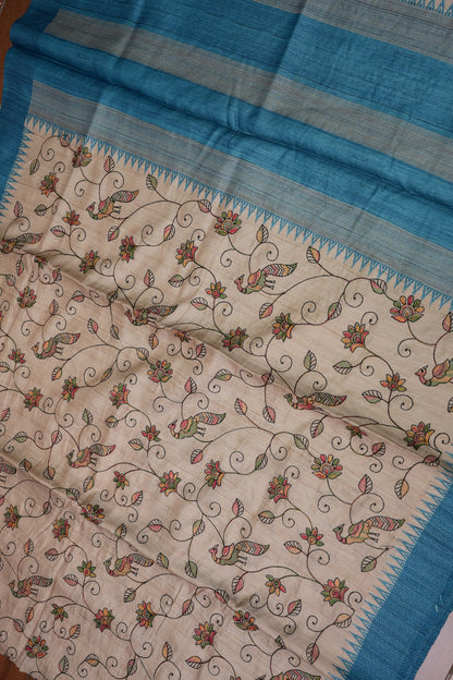 Semi Raw Silk Saree with Embroidered Body & Temple Borders – Beige & Teal Blue