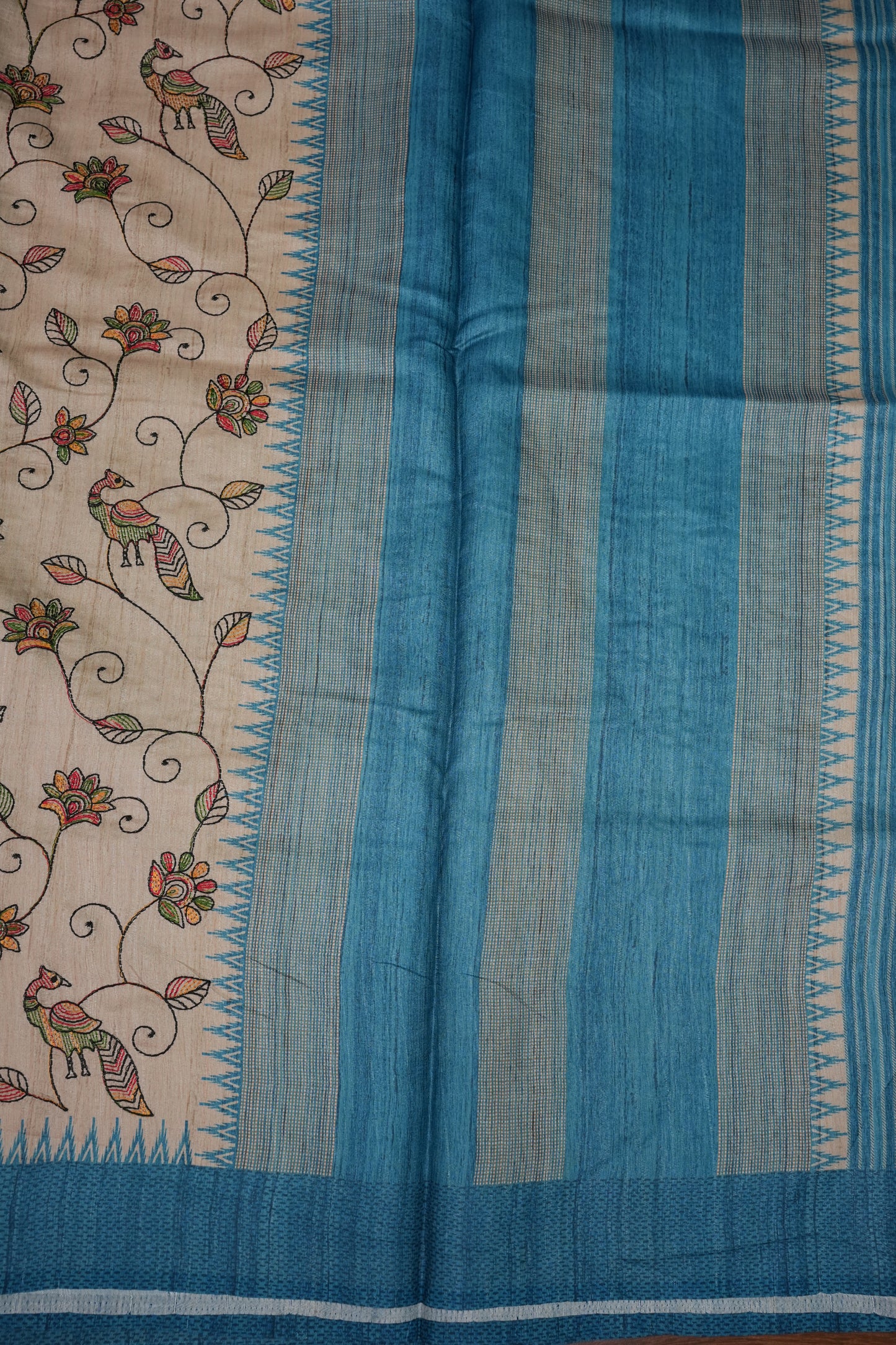 Semi Raw Silk Saree with Embroidered Body & Temple Borders – Beige & Teal Blue