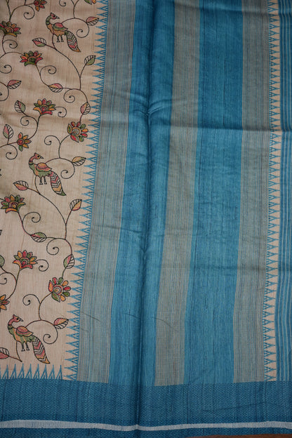 Semi Raw Silk Saree with Embroidered Body & Temple Borders – Beige & Teal Blue