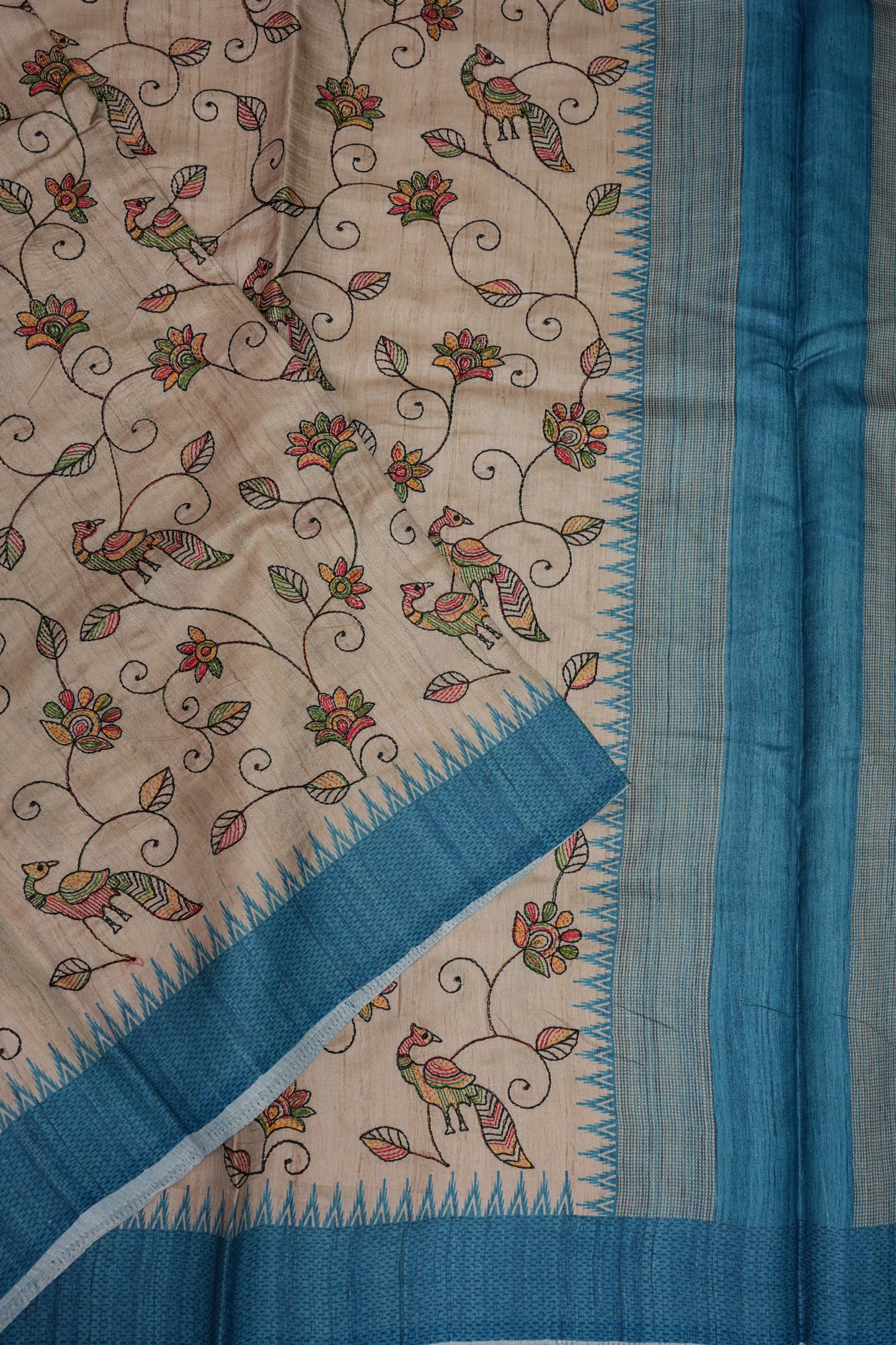 Semi Raw Silk Saree with Embroidered Body & Temple Borders – Beige & Teal Blue