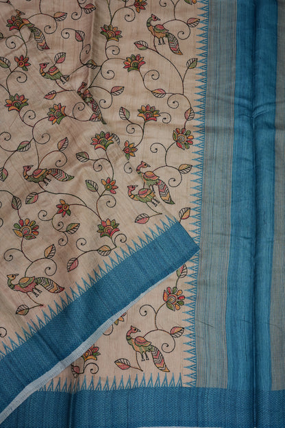 Semi Raw Silk Saree with Embroidered Body & Temple Borders – Beige & Teal Blue