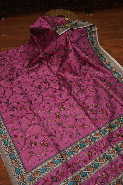 Semi Raw Silk Saree with Embroidered Body & Patola Styled Borders – Magenta Pink