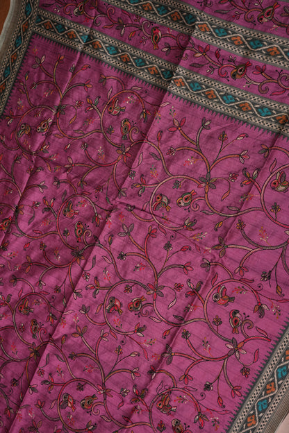 Semi Raw Silk Saree with Embroidered Body & Patola Styled Borders – Magenta Pink