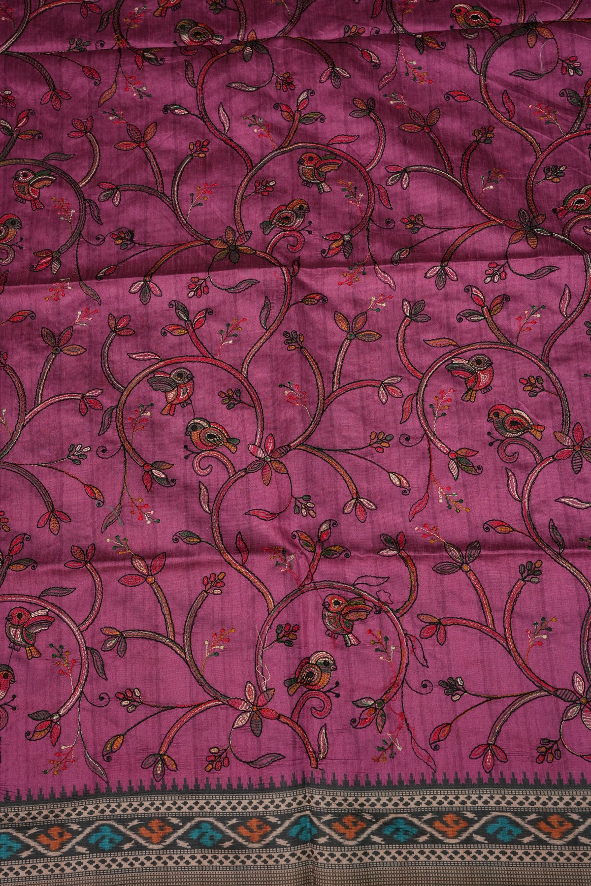 Semi Raw Silk Saree with Embroidered Body & Patola Styled Borders – Magenta Pink