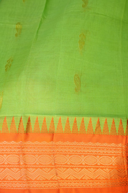 Gadwal Cotton Saree - Parrot Green & Orange