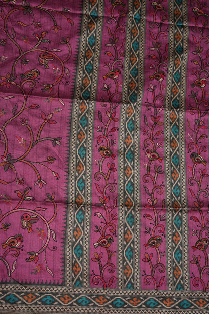 Semi Raw Silk Saree with Embroidered Body & Patola Styled Borders – Magenta Pink