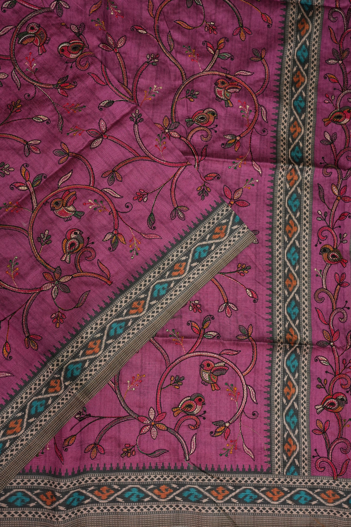 Semi Raw Silk Saree with Embroidered Body & Patola Styled Borders – Magenta Pink